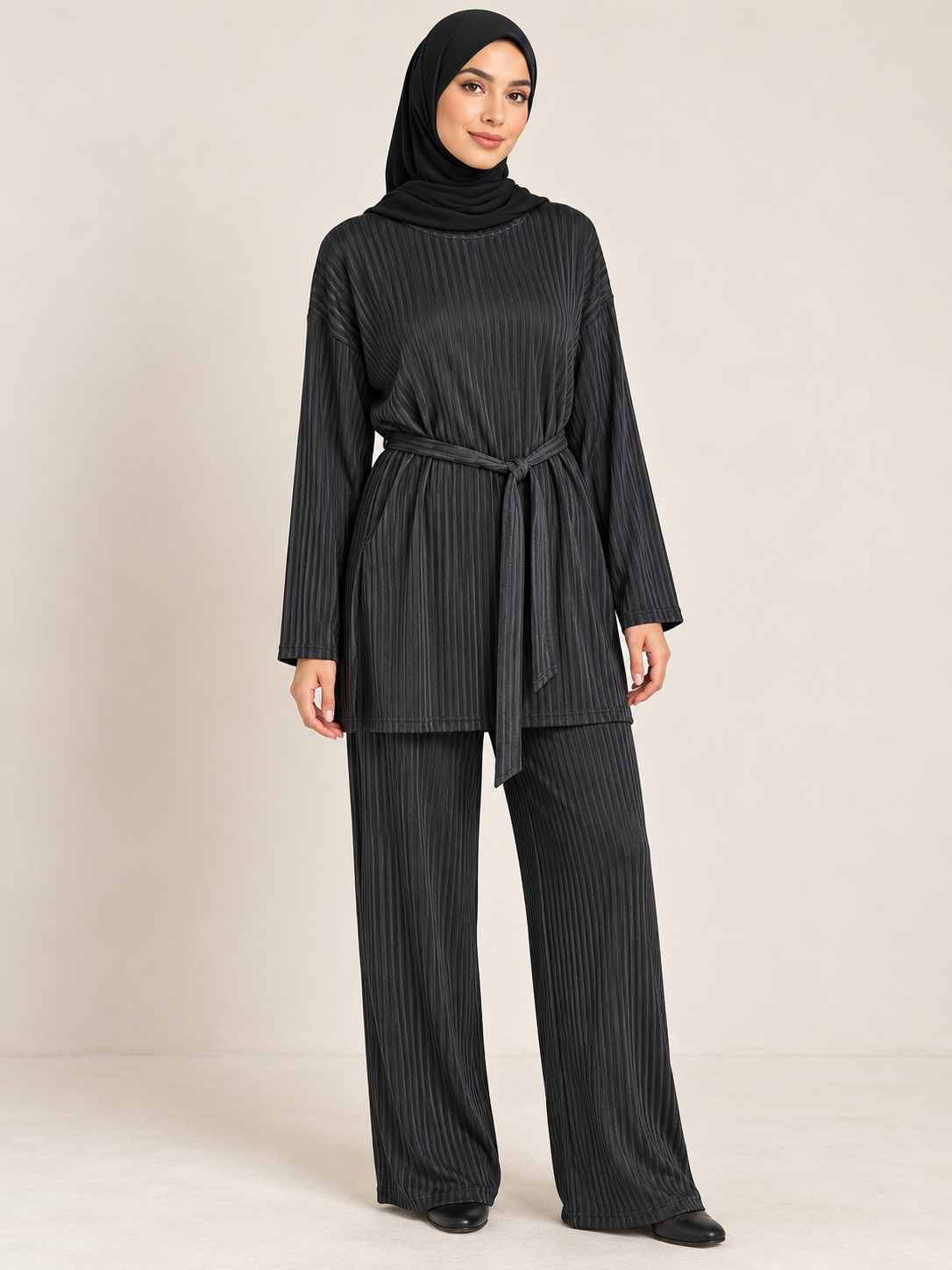 Black Ribbed Co-ord Set – Belted Tunic & Wide-Leg Trousers