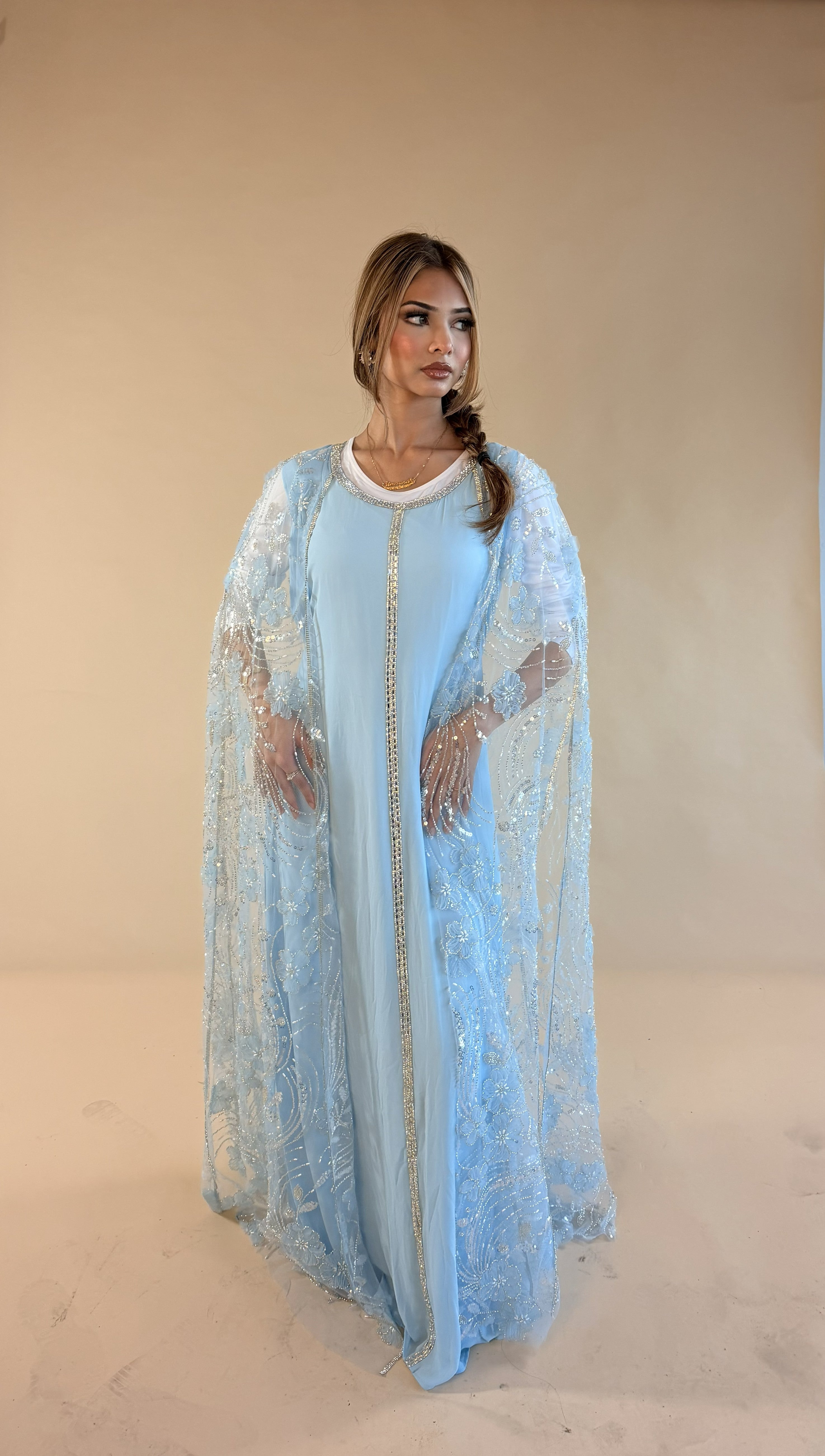 CELESTE LUXE STONE CAPE GOWN BABY BLUE