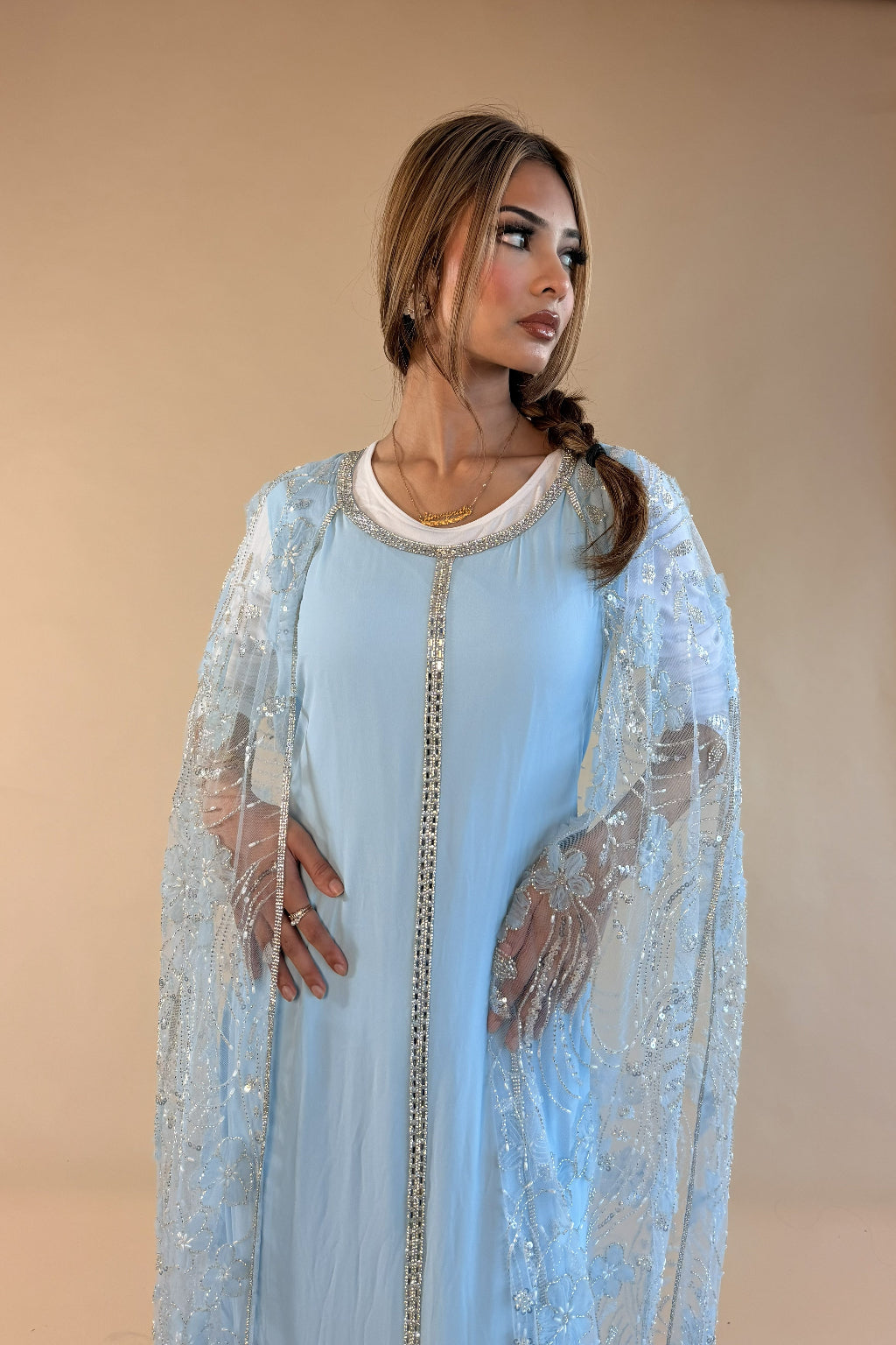 CELESTE LUXE STONE CAPE GOWN BABY BLUE