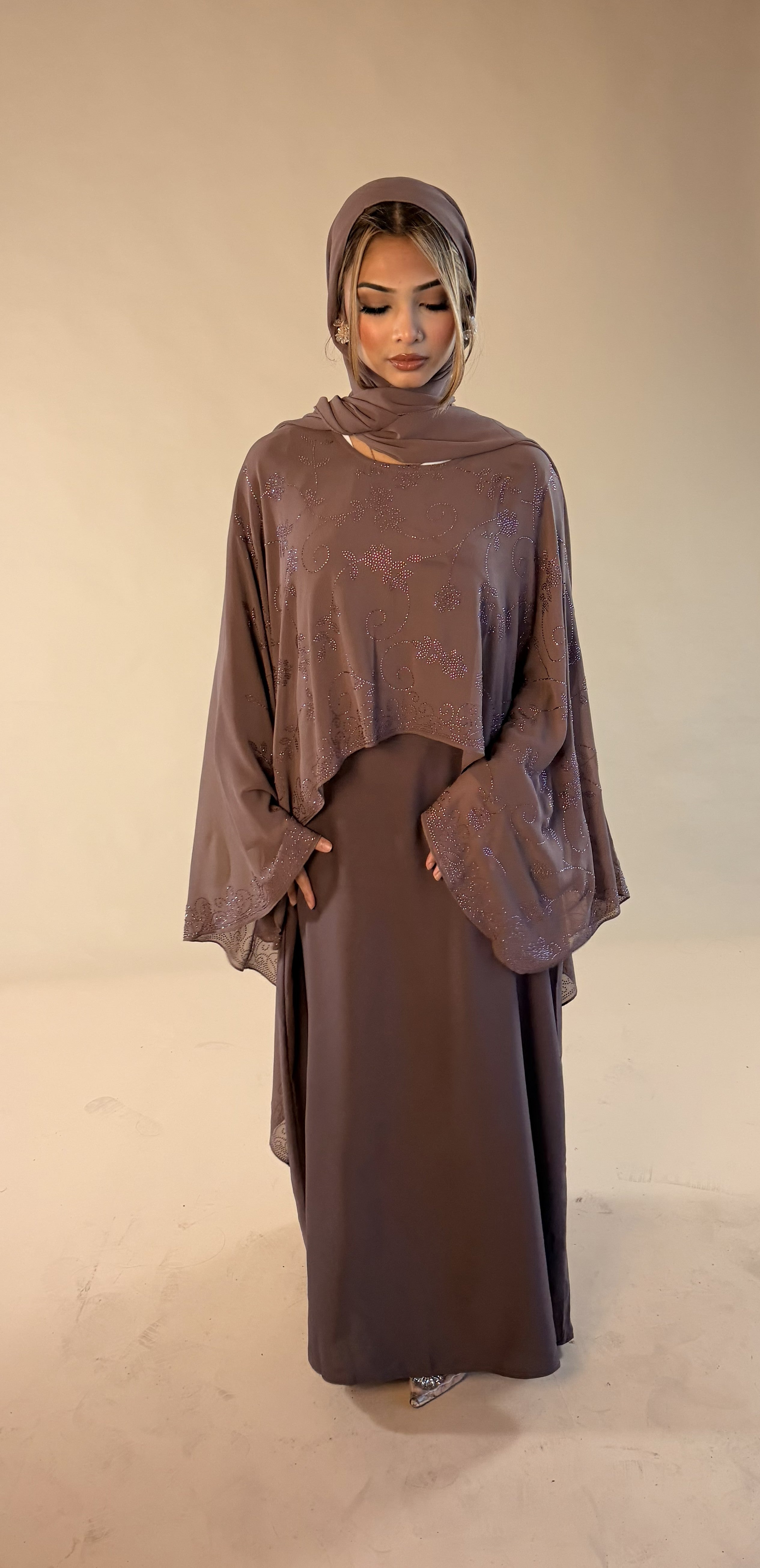 MAUVE BROWN CAPE ABAYA SET