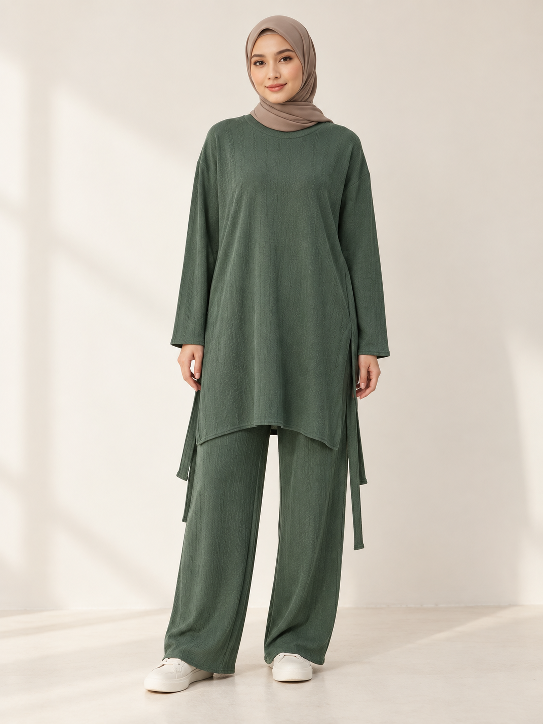 Green Textured Co-ord Set – Long Tunic & Wide-Leg Trousers