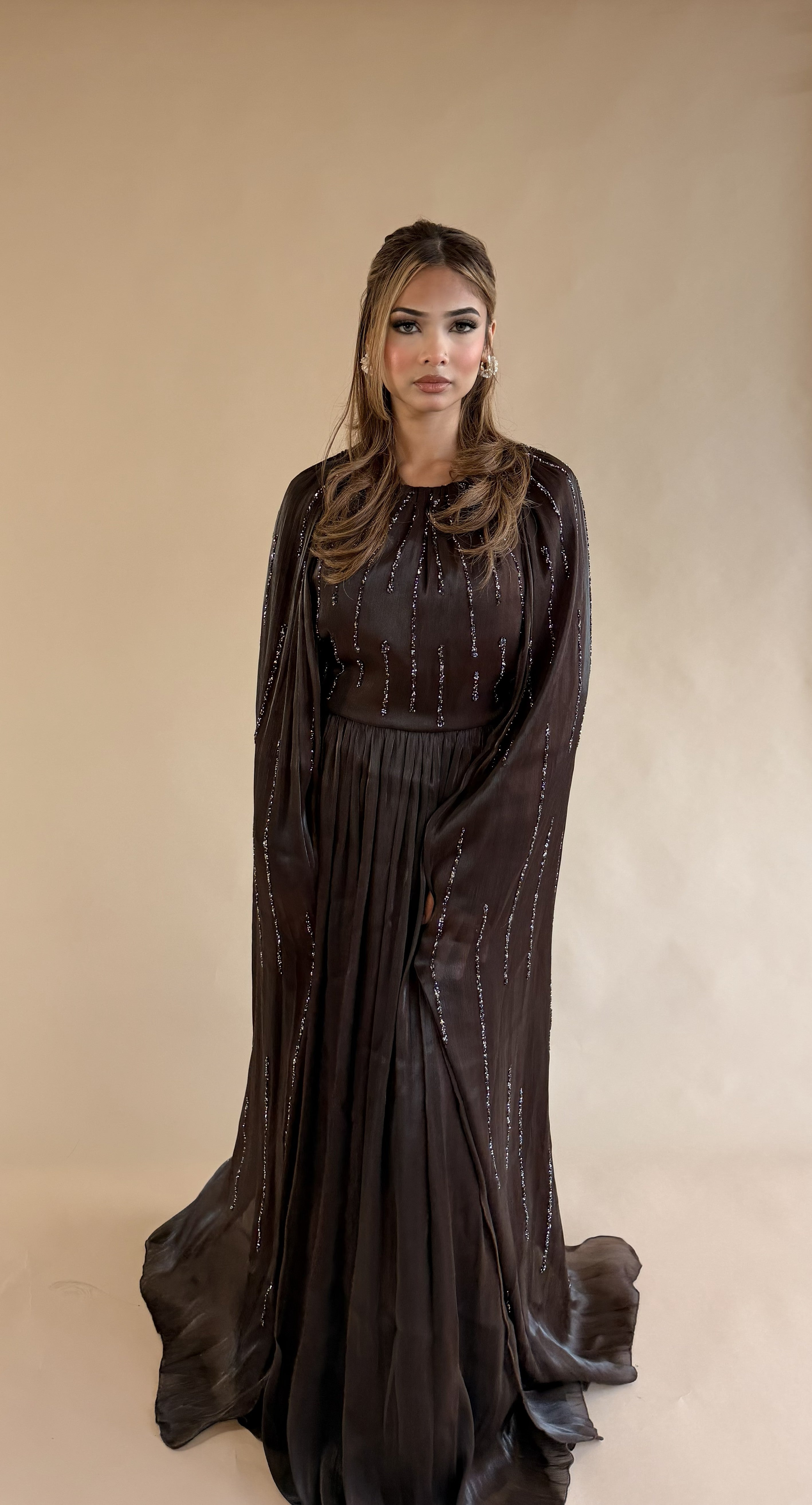 MIDNIGHT CASCADE CAPE GOWN BROWN