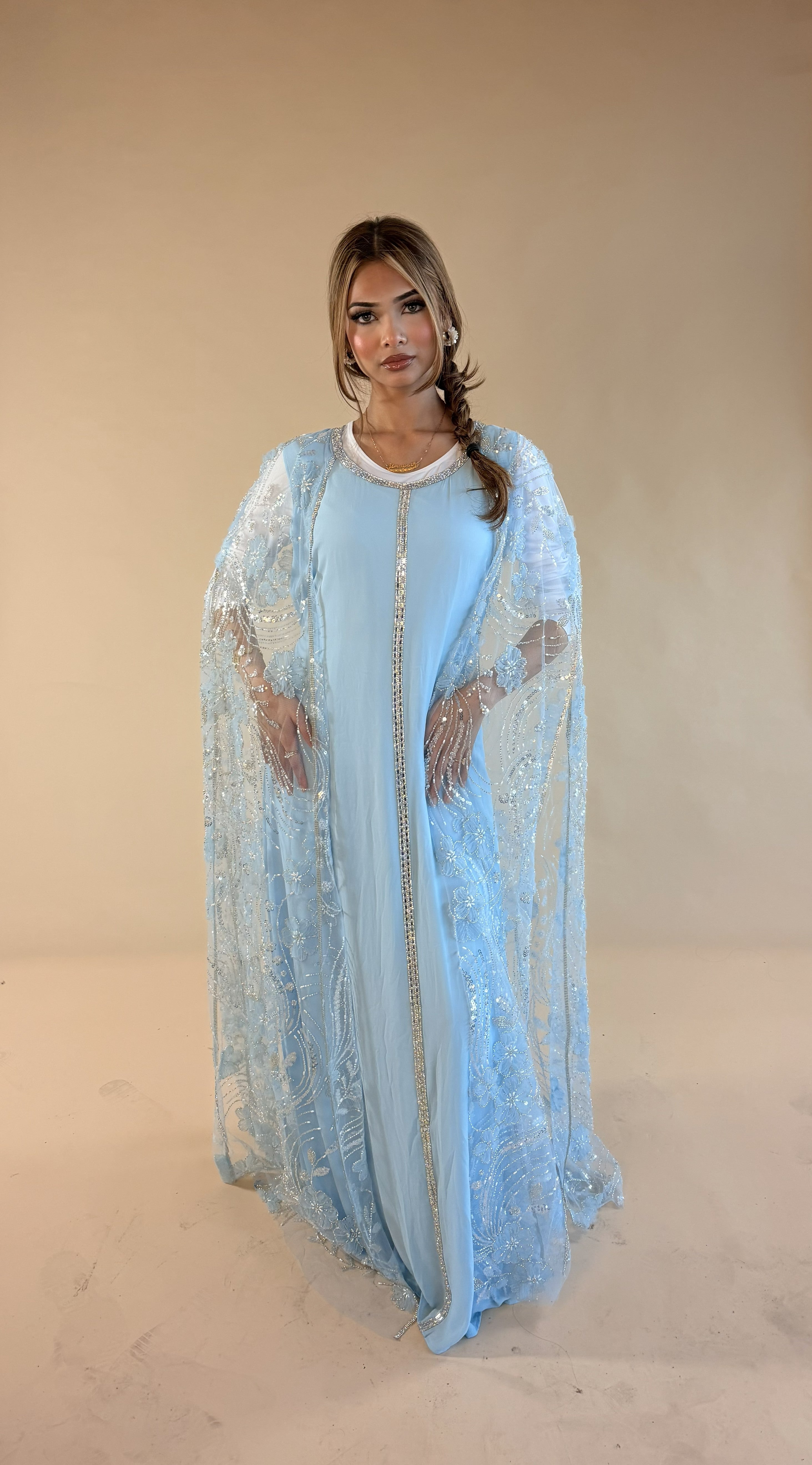CELESTE LUXE STONE CAPE GOWN BABY BLUE