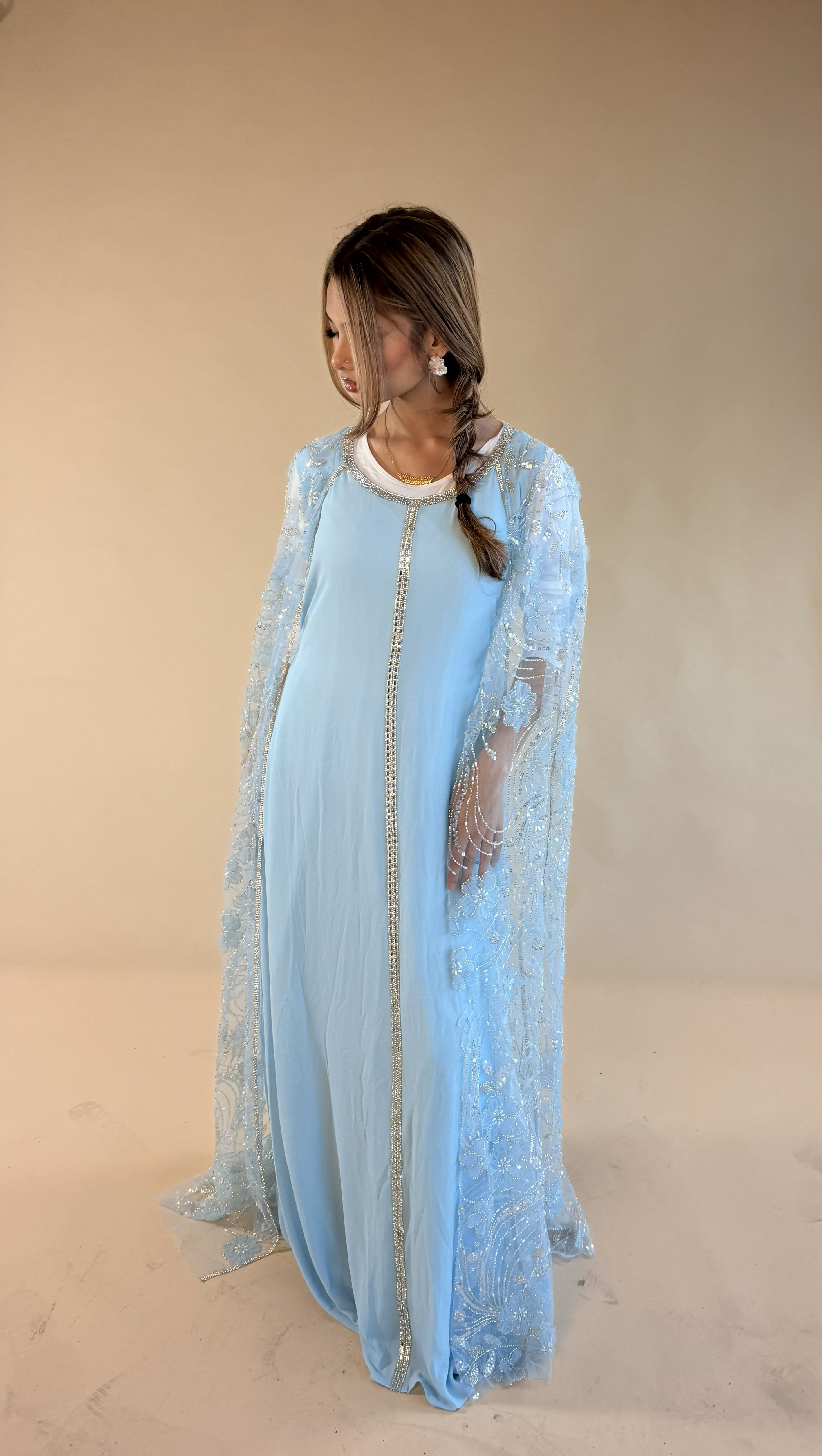 CELESTE LUXE STONE CAPE GOWN BABY BLUE