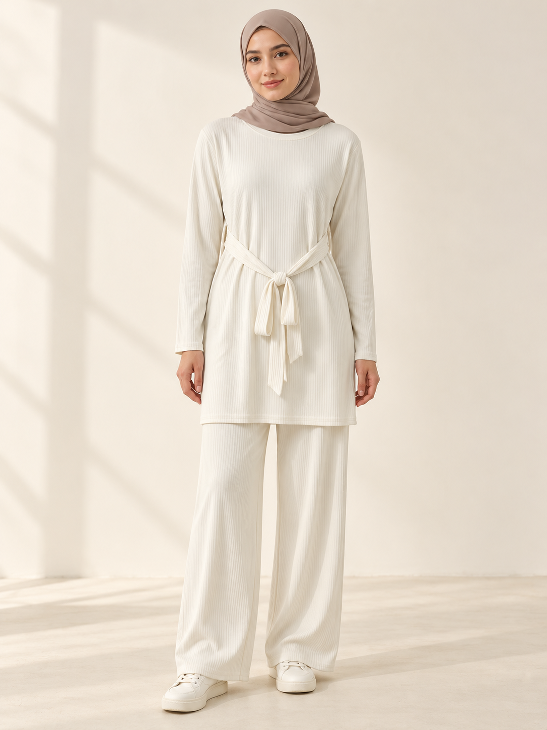 Ivory Ribbed Co-ord Set – Tie-Waist Tunic & Wide-Leg Trousers
